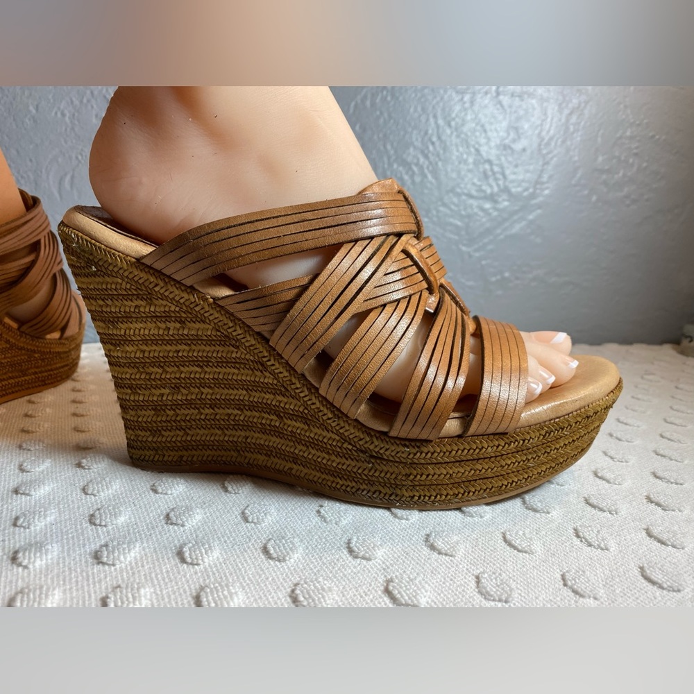 UGG Melinda Brown Leather Woven Strap  Platform Slip-On Wedge Sandals